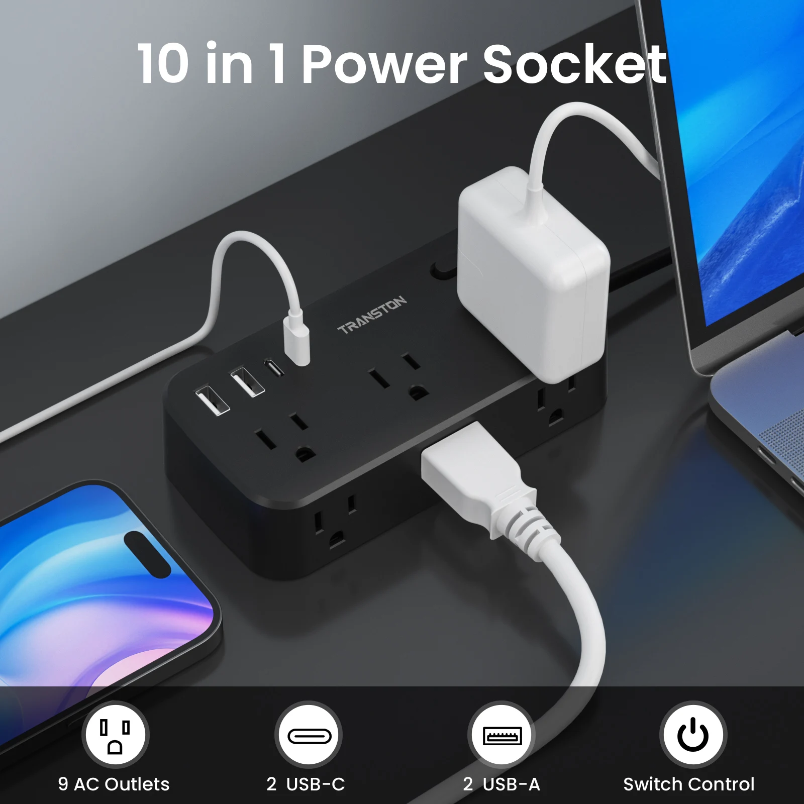 protection contre les surtensions pour bande d'alimentation noire avec 6 prises CA, 2 ports de charge rapide USB et 2 USB-C, 10 en 1,45 ° bouchon inclinable, Protection avancée