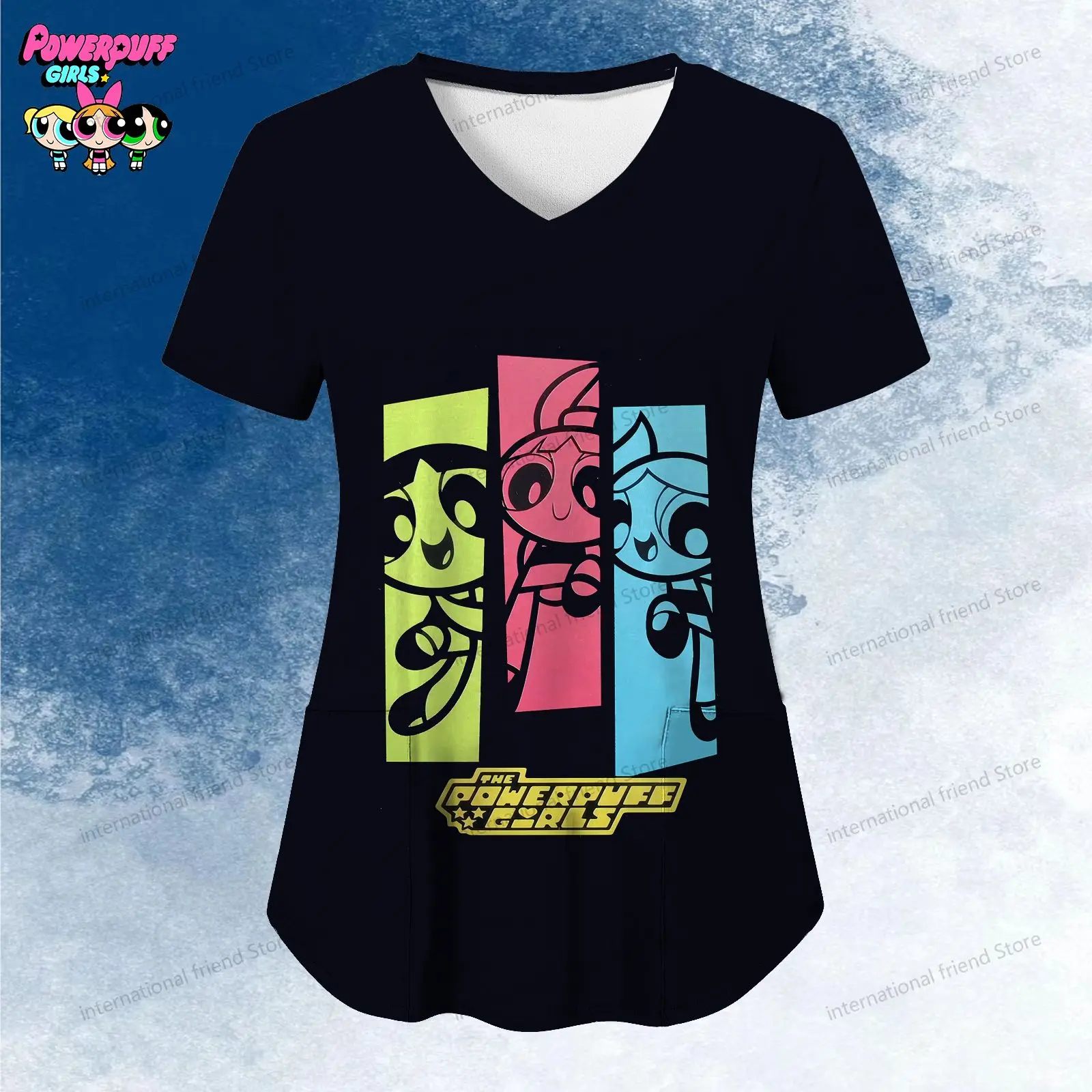 Women's V Neck Nurse Uniform T-Shirt The Powerpuff Girls Pocket S-2XL Y2k Summer Kawaii New Dress 2024 Woman Clothing Cheap Top