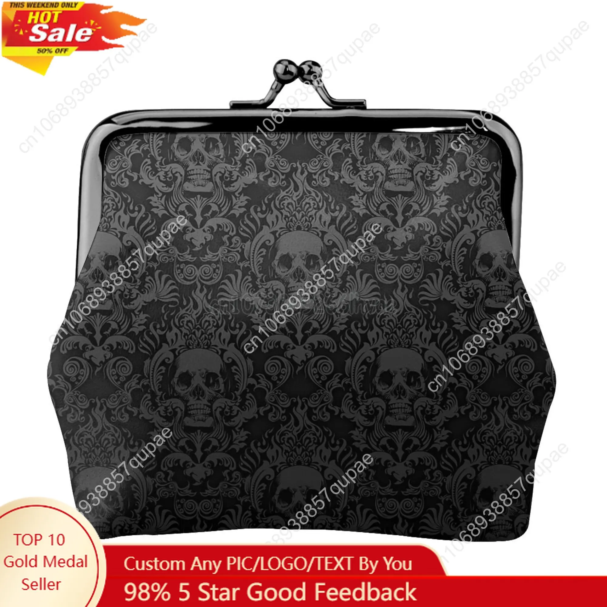 

Gothic Black Skull Damask Women Leather Coin Purse Small Change Pouch with Kiss-Lock Clasp Closure Buckle Wallet for Girl Gift
