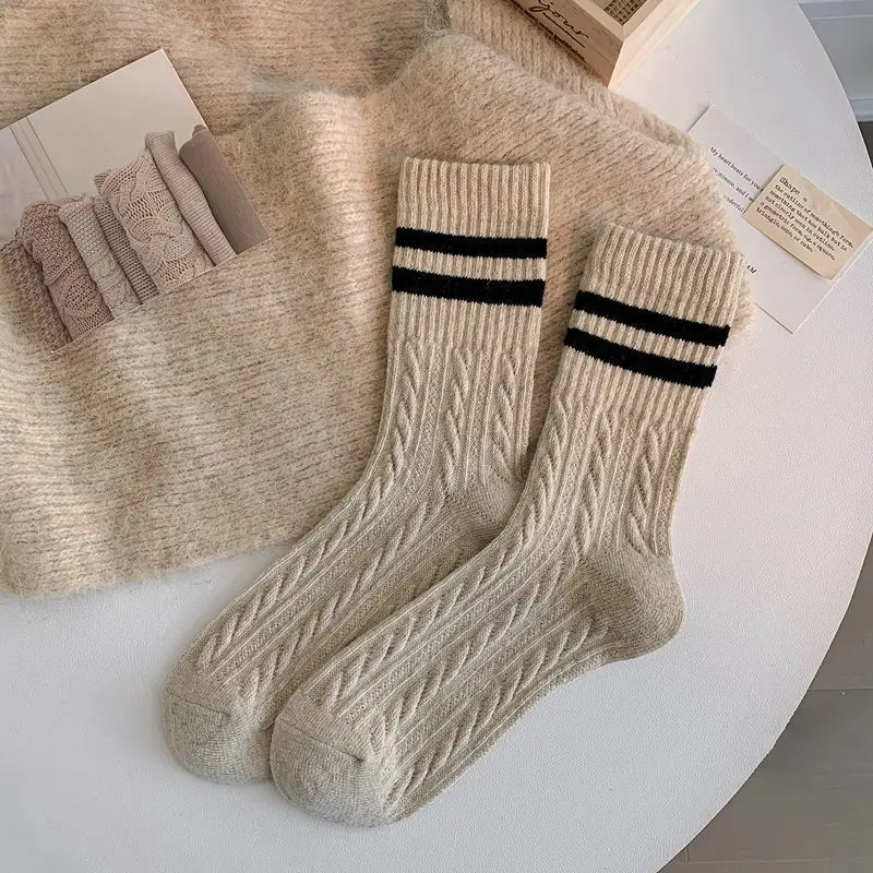 5/10 Paar Damen Herbst-Winter gestreifte mittelhohe Socken, warm, bequem, modisch, College-Stil, dreidimensionale Textur, lässige Socken – Detail 16