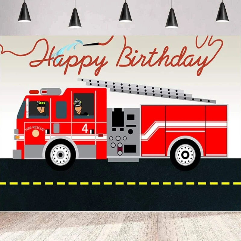 

Fire Truck Theme Happy Birthday Party Decor Photography Backdrop Banner Boy Fireman Firefighter Background Wall Poster