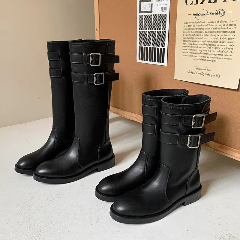 

Новинка 2025 года, женские сапоги до колена из натуральной кожи на платформе, модная обувь с пряжкой на ремне, осенняя обувь