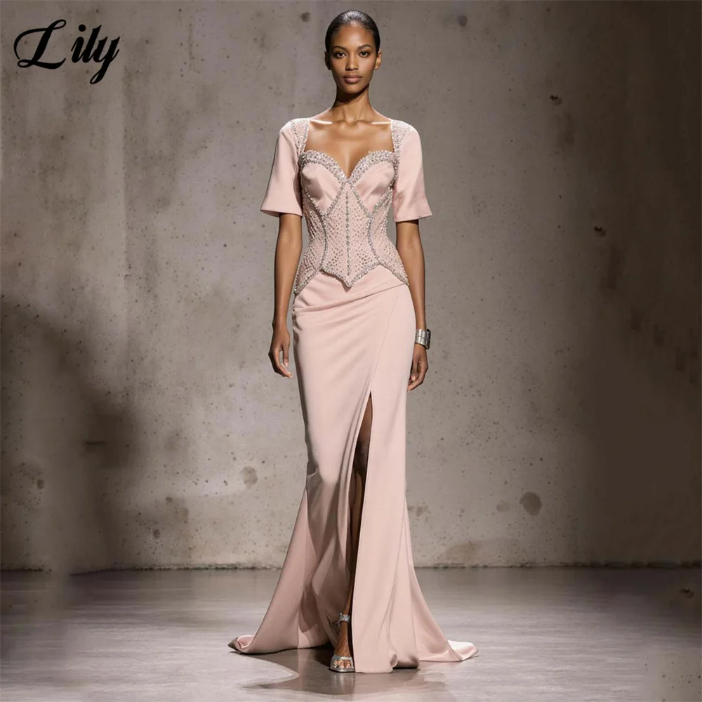 

Lily Blush Pink Evening Dress Off the Shoulder Party Dresses with Crystal Mermaid Prom Gown Side Split robes du soir Customized