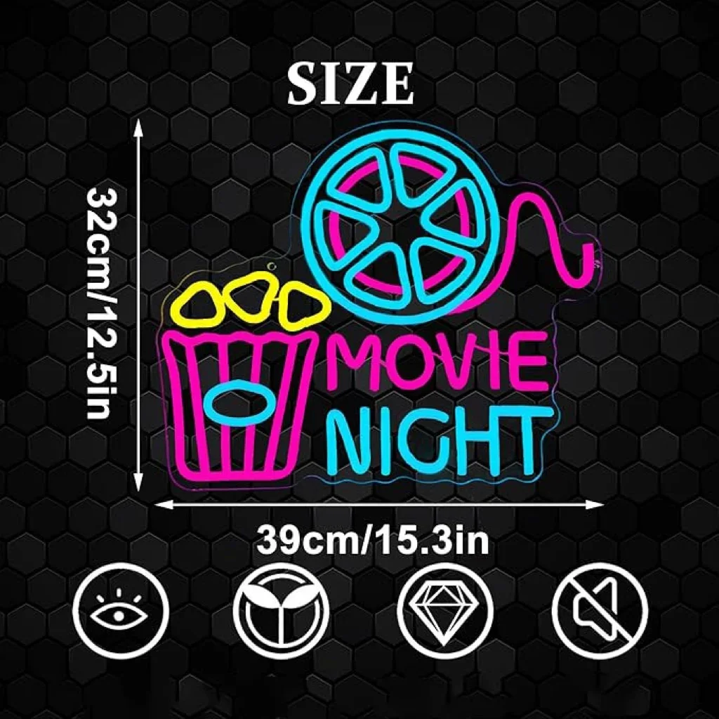 Movie Night with popcorn carton neon, movie theater LED neon for wall decoration, movie home theater decoration, dimmable USB