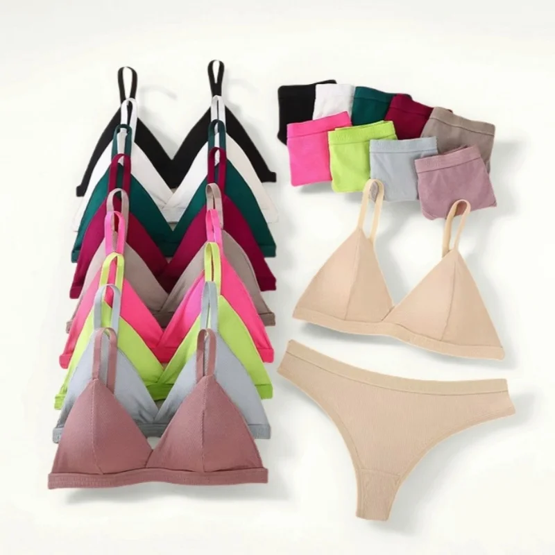 

Women Cotton Bra and Panties Set Low Waist Thongs Wireless Bra Sexy Lingerie Women's Seamless Underwear Set