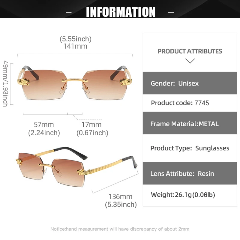 Luxury Brand Square Women\'s Sunglasses Fashionable Leopard Head Frameless Gradient Shades Casual Fishing Men\'s Sun Glasses UV400