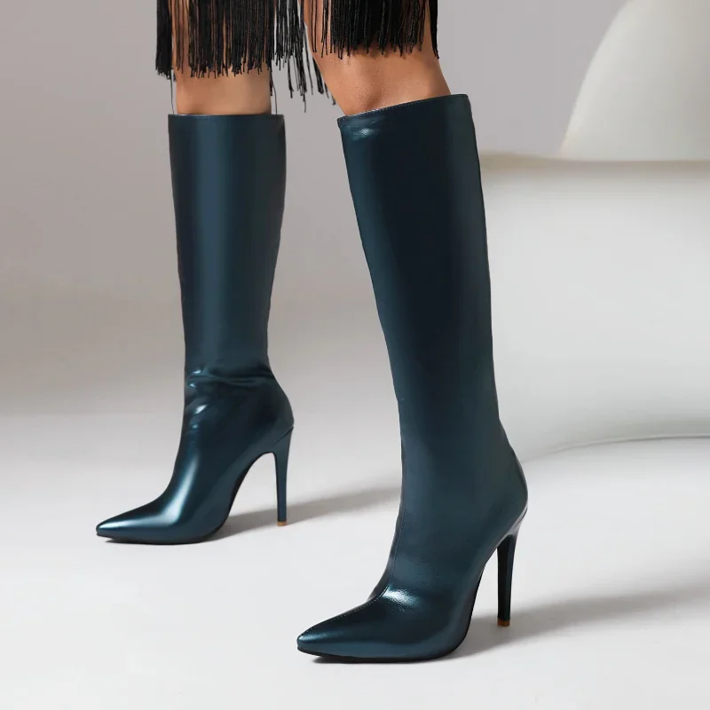 

2025 пикантные сапоги до колена с острым носком, женские осенние сапоги на шпильке 12 см, зеленая вечерняя женская обувь на высоком каблуке, Прямая поставка, большие размеры 46