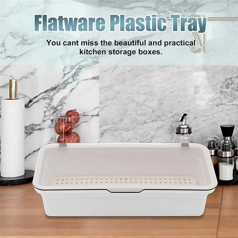 AT63-Flatware Tray With Lid,Utensil Storage With Lid Plastic Cutlery Tray,Cutlery Drawer Organizer Utensil Storage Container