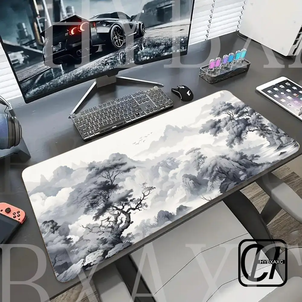 

Large Chinese landscape ink painting mouse pad XXL rubber base gaming office HYBXAXC table cushion black and white design 90x40