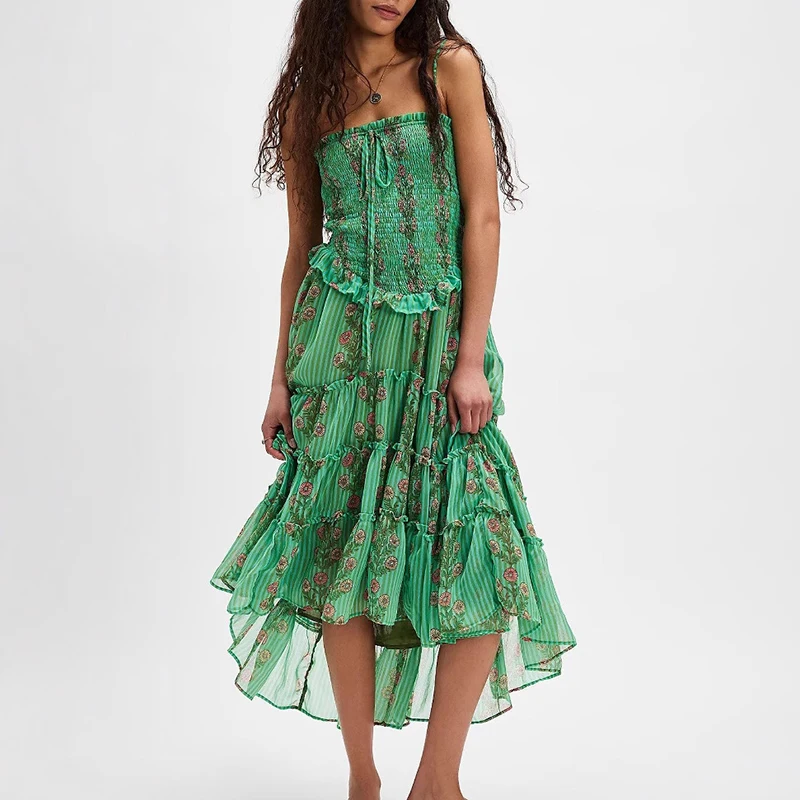 

Women's 2025 Summer Tube Suspender Floral Print Dress Vintage Irregular Bohemian Dress Elegant Sleeveless Pleated Beach Dresses