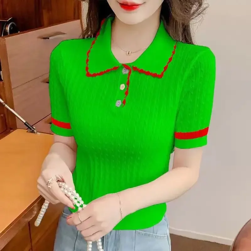 여성용 아이스 실크 폴로 셔츠, 골프 반팔 니트웨어 티셔츠, 얇고 달콤한 슬림 짧은 니트 상의, 버튼 패치워크 티, 시크한 여름