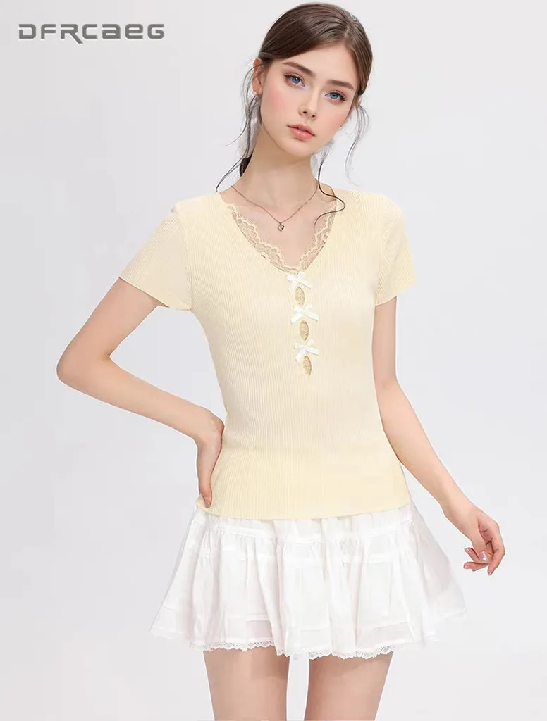 

Sexy V-Neck Women's Summer Knitted Tops Short Sleeve Stretchy Hallow Out Lace Slim-Fit Shirt Clothes With Bow