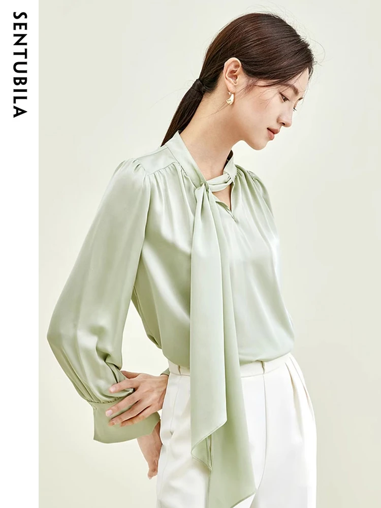 SENTUBILA Elegant Chiffon Blouse for Women 2024 Autumn Bow V Neck Long Sleeve Top Woman Office Lady Shirts & Blouses M33V50342