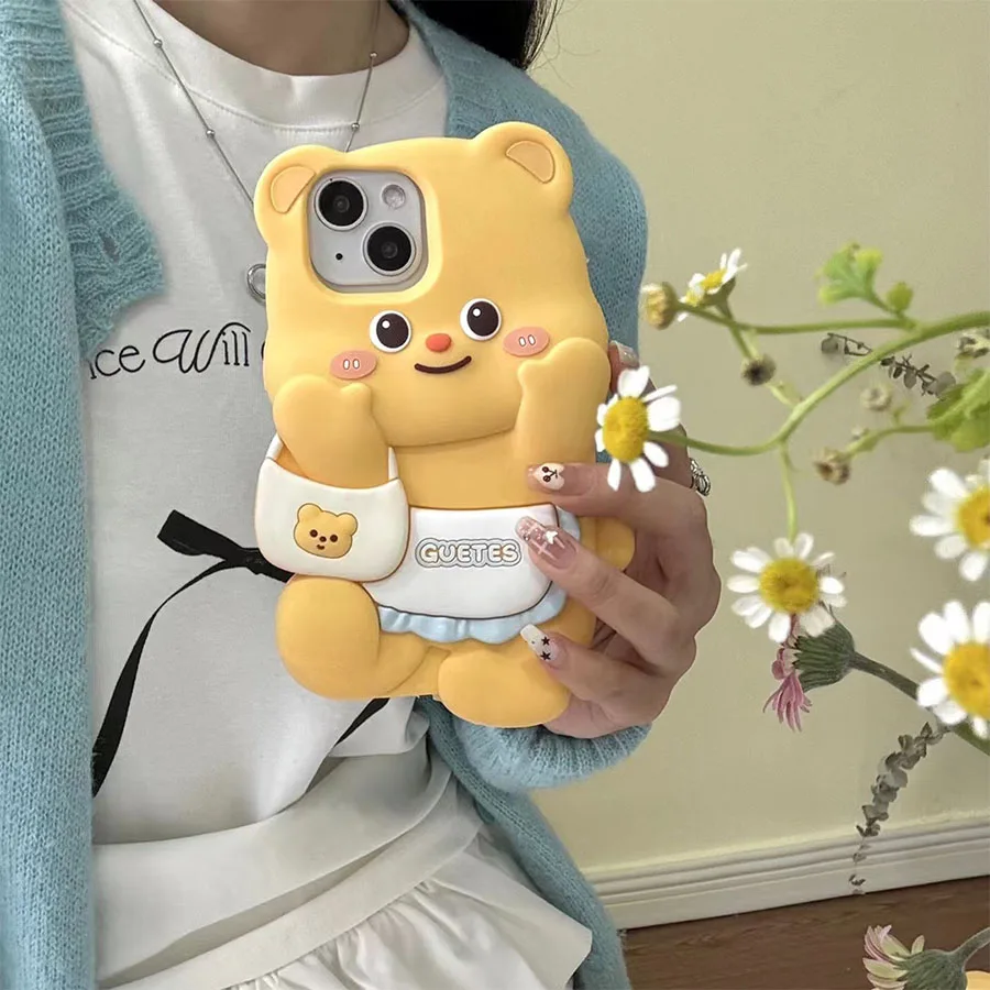 Cute Cartoon Animal 3D Say Hi Bear Funny Phone Case For iphone 15 14 13 12 11 Shockproof Bumper Soft Silicone bubble Phone Cover