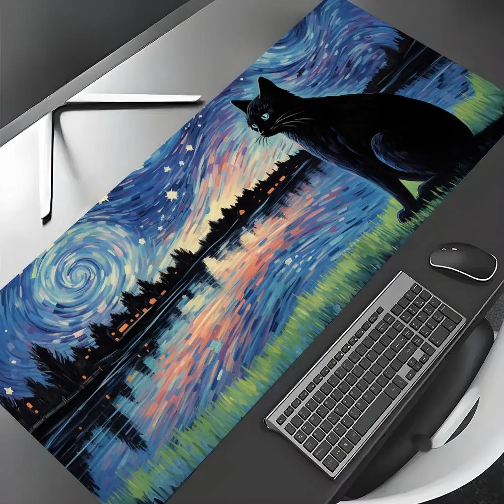 Artistic Starry Night and Black Cat Mouse Pad Gaming mats Non-Slip Desk Mat mouse carpet Stitched Edge HD printing Office mat