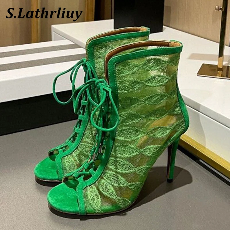 Summer Open Toe High Heels Cool Boots Women's Transparent Mesh Lace Up Sandals Sexy Thin Heels Ankle Botas Party Banquet Shoes