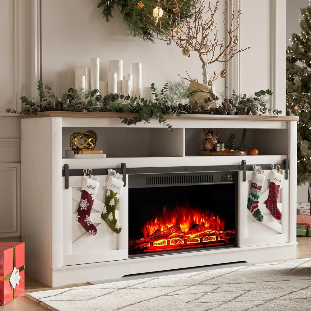 White tv stand living room furniture for up to 65+ Inch with Storage and Farmhouse Sliding Barn Doors Fireplace Christmas Day