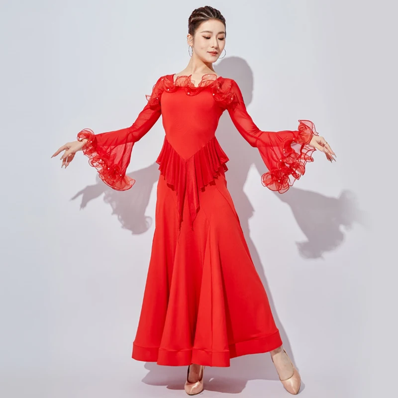Black Standard Dance Long Dresses Women Flare Sleeve Ballroom Modern Dance Dress Waltz Stage Performance Wear Ball Gowns VDL3323