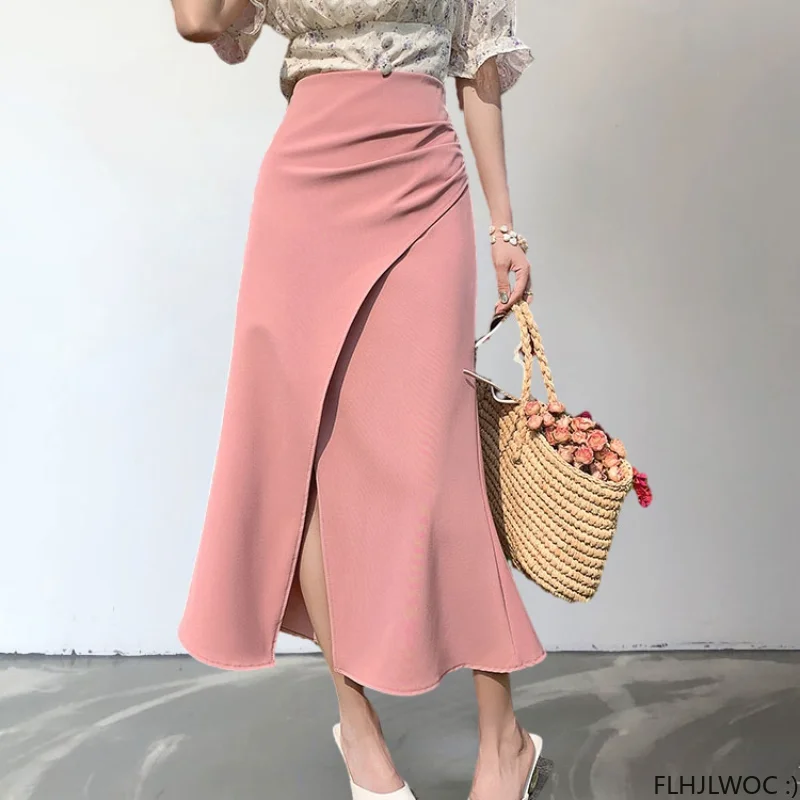 

Hot Sales New Design Chic Korea Fashion Women Office Lady Solid Black High Waist Black Long Split Skirts