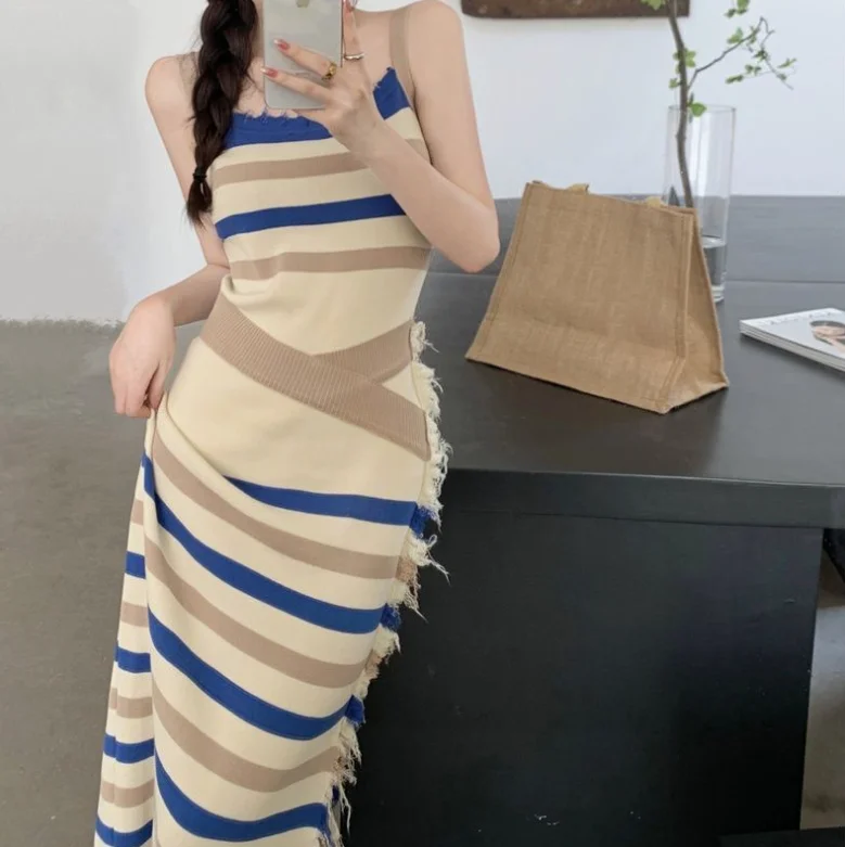 

Spring/Summer New Fashion Contrast Color Split Stripe Knitted Sexy Suspender Dress For Women