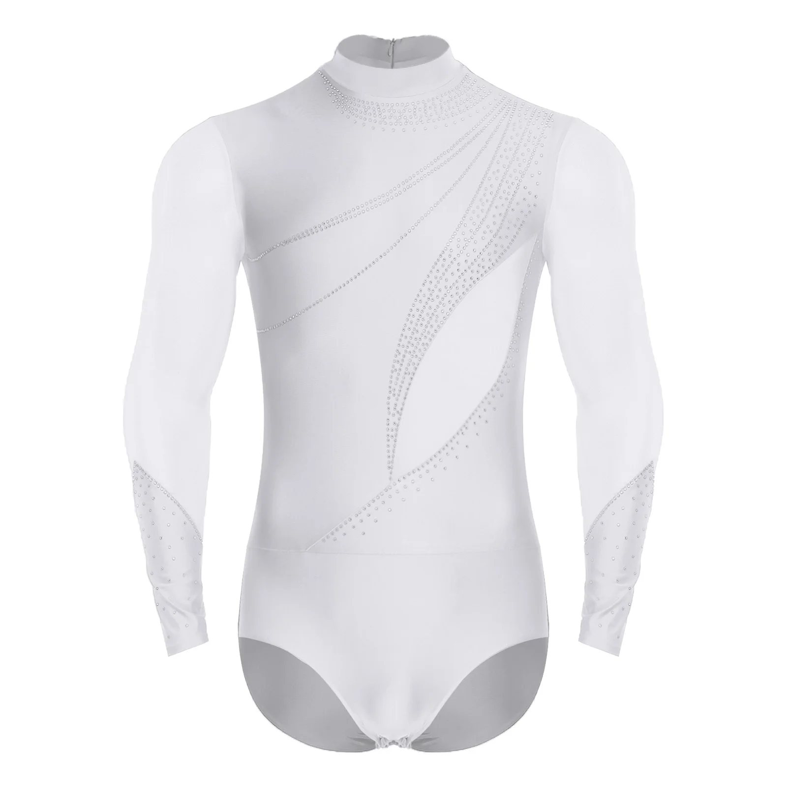 

Men Shiny Rhinestones Latin Tango Rumba Dance Shirt Sheer Mesh Long Sleeve Leotard Bodysuit Tops Ballroom Gymnastics Dancewear