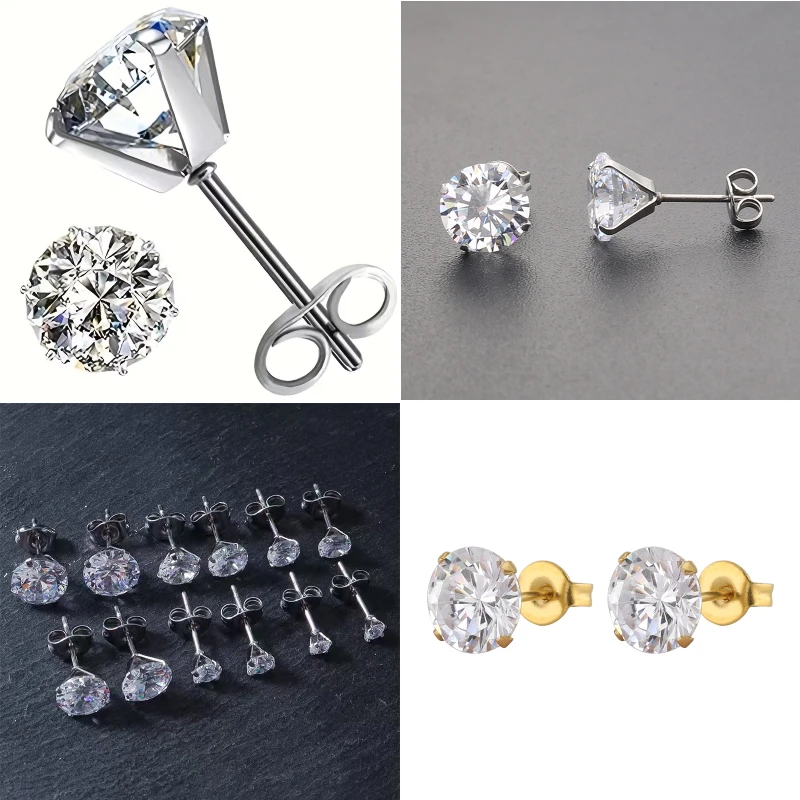 

2PC Stainless Steel Push Back Stud Earrings with AAA Transparent White Zirconia Four-Prong for Men And Women Delicate Jewelry