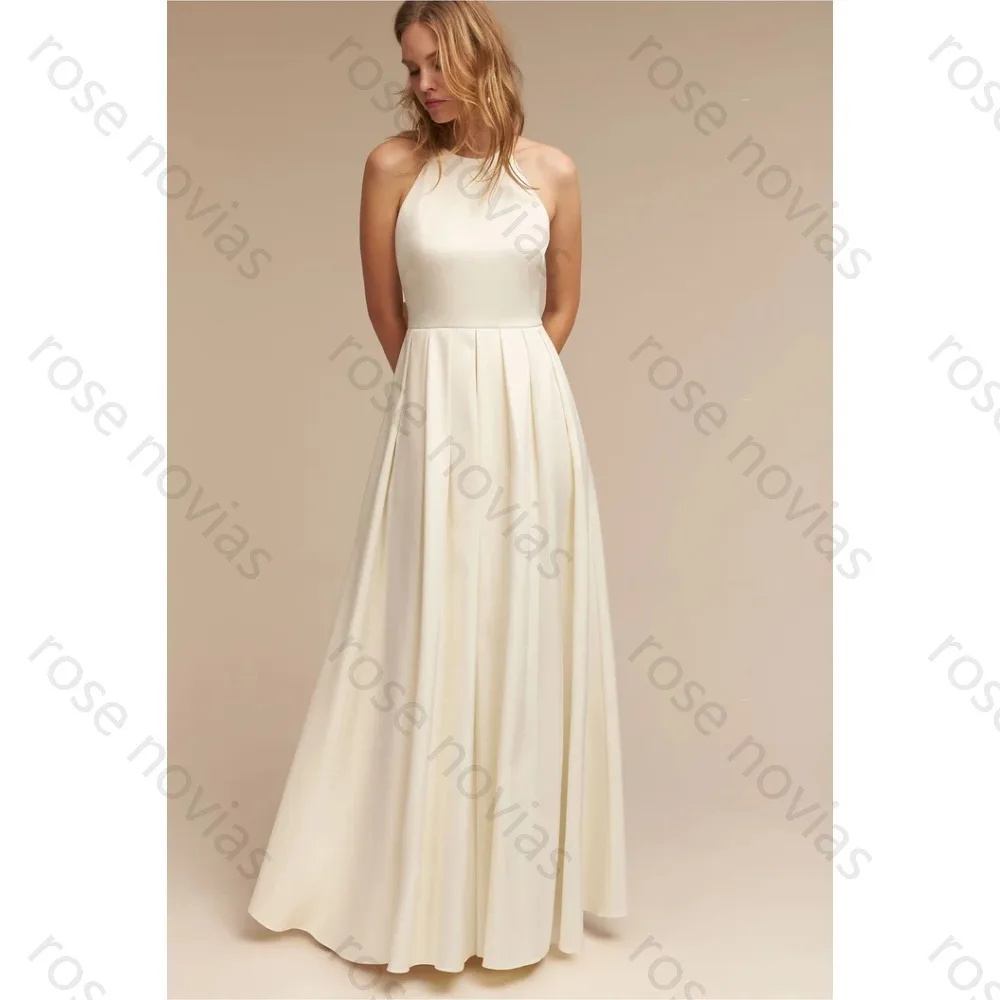 Customized High Quality Simple White Satin Wedding Dresses Halter A-line With Bow for Floor-length for Civilian and the Bride