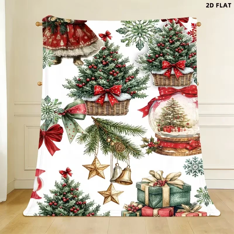 Vintage Christmas Throw Blanket Xmas Tree Gift Bell Snow Globe Print Soft Warm All Season Blanket for Sofa Couch Home Decor