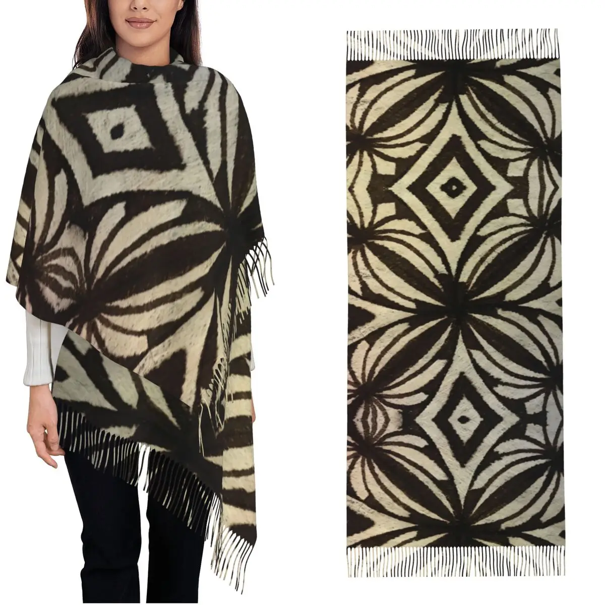 Polynesian Tongan Tapa Design Scarf for Women Winter Fall Cashmere Shawl Wrap Tribal Long Large Shawl Scarf for Evening Dress