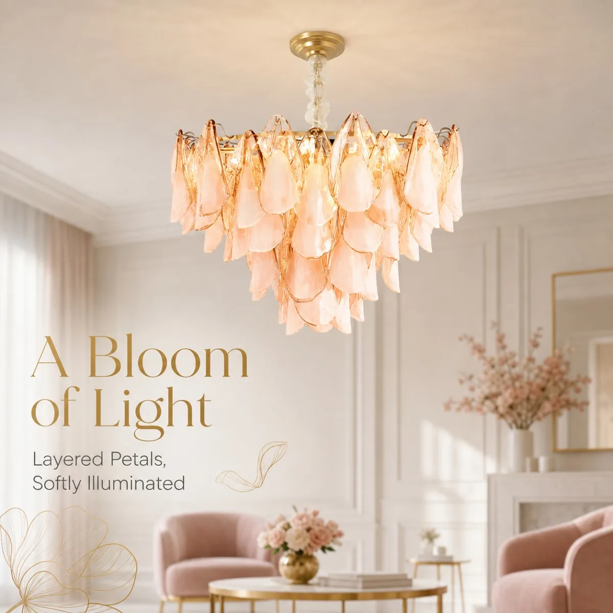 Vintage French 2026 Modern Chandelier Pink Glass Petal Layered Petals 3-Color Dimmable Gold Brass Frame for Bedroom Luxury