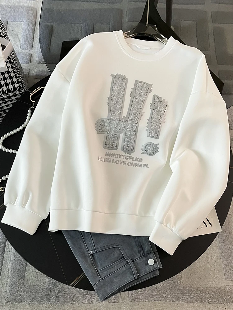 

Comfortable Lazy Style Women's Loose Fit Long Sleeve Sportswear Hoodie Casual Streetwear White Color Block Slimming Effect
