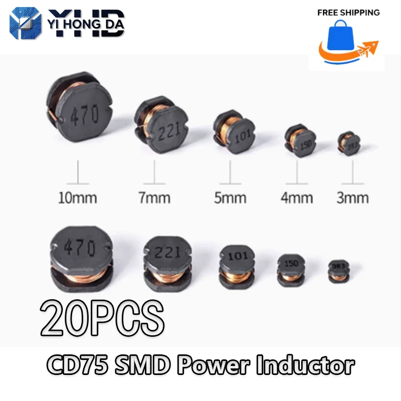 20PCS CD75 SMD Power Inductor 2.2 4.7 10 15 22 33 47 68 100 150 220 330 470UH Wire Wound Chip Power Inductance 1mH 101 102 2R2