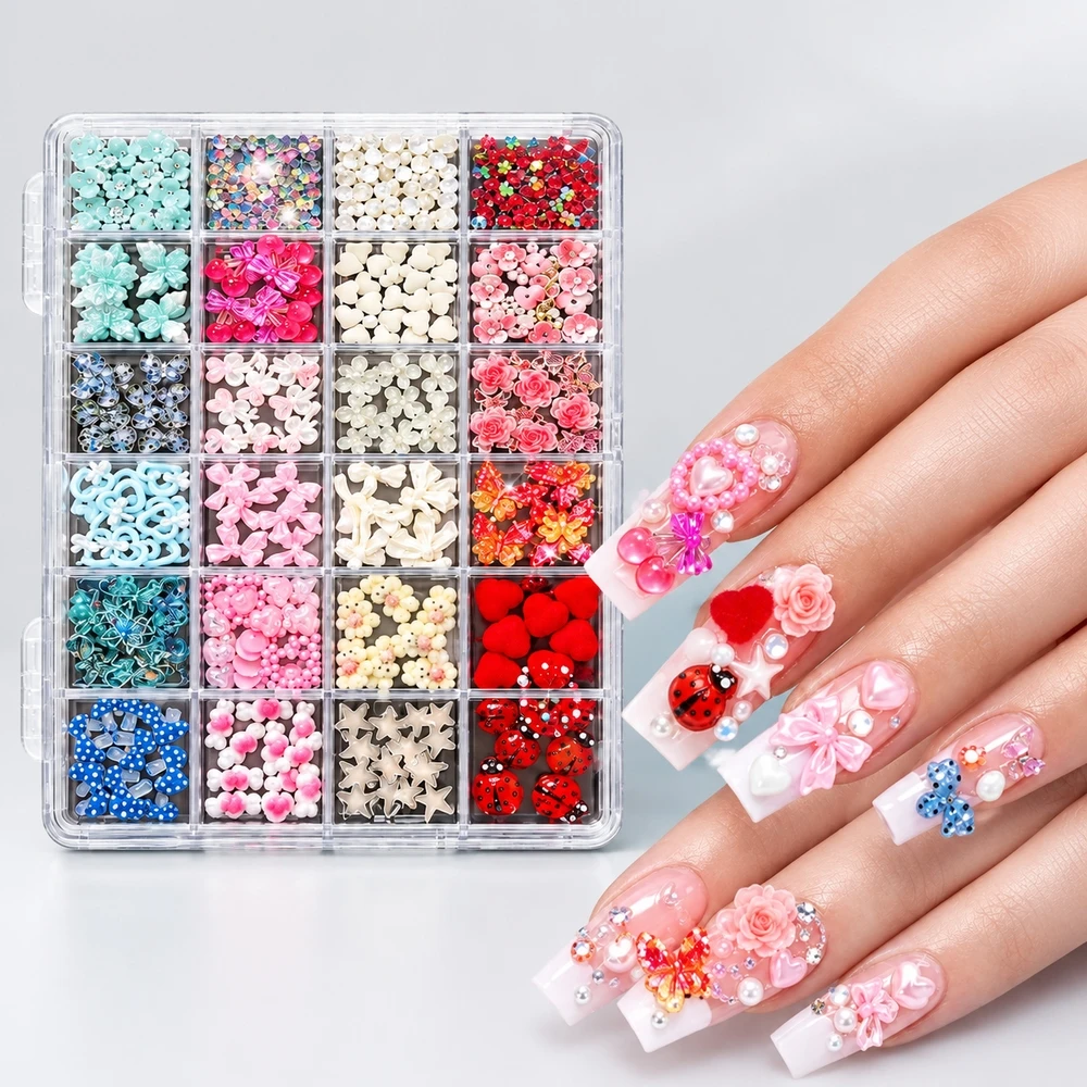 24Grids Aesthetic Mixed Nail Embellishments 3D Rose Heart Star Bowknot Butterfly Nail Rhinestones For Nail Starter Kit Ornaments