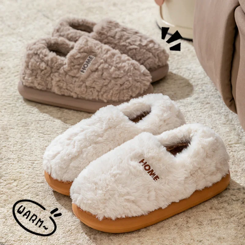 

New Winter Warm Women Platform Plush Slippers Indoor Soft Fluffy Slides Men Casual Flats Home Couples Bedroom Furry Shoes