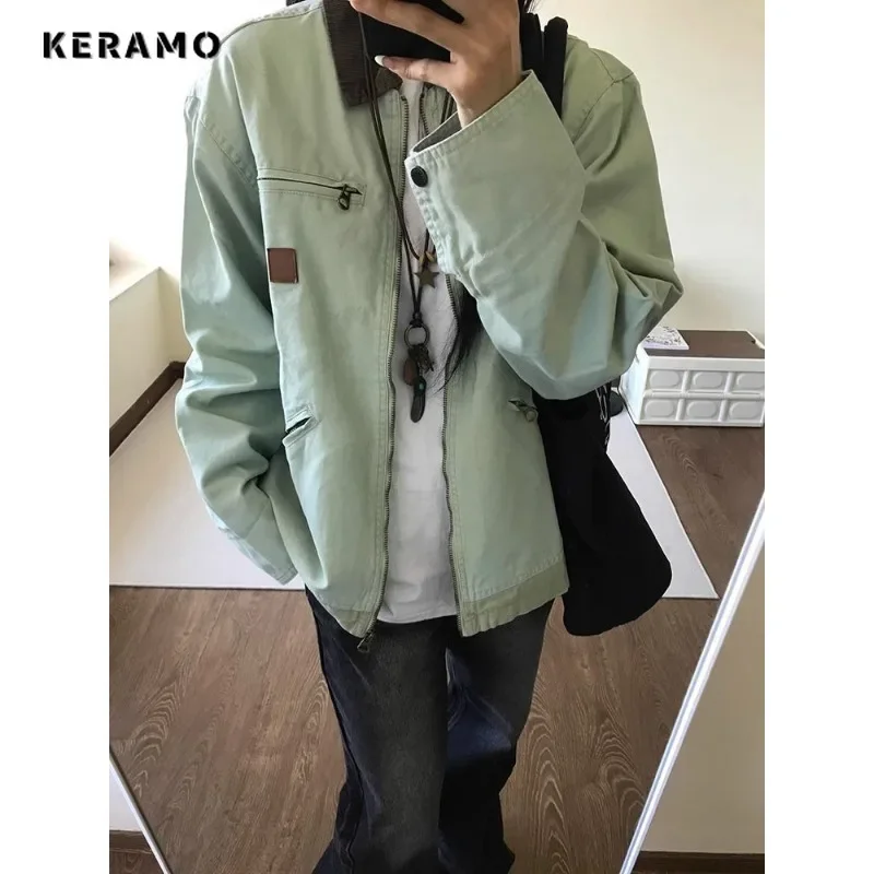 High Street Style Zipper Turn Down Collar Jacket 2024 Autumn Winter Women's Patcwhork Outerwear Fashion Pockets Green Coat