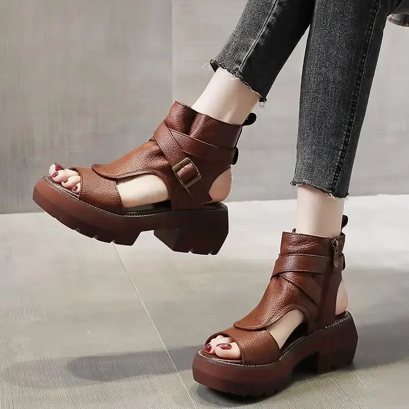 2024 New Summer Shoes Women Sandals Retro Genuine Leather Wedges Platform Peep Toe High Heel Black