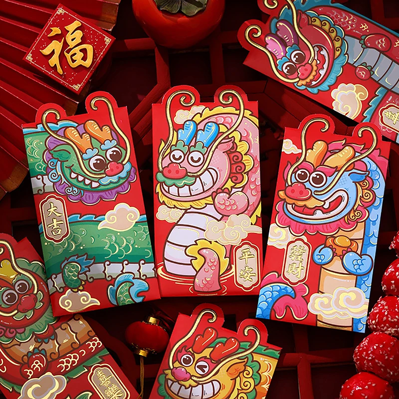 6 Stuks 2024 Chinese Drakenjaar Cartoon Lucky Rode Envelop Creatief Lentefestival Kids Cadeau Geld Enveloppen Rood Pakket