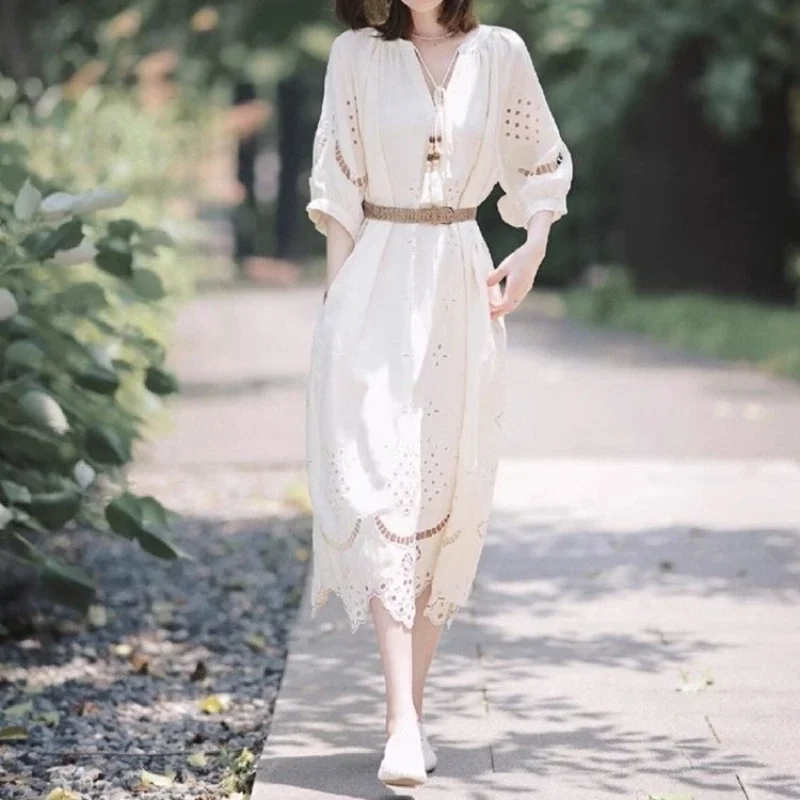 Boho ilhó bordado branco midi vestido elegante verão solto ajuste vestido estilo férias