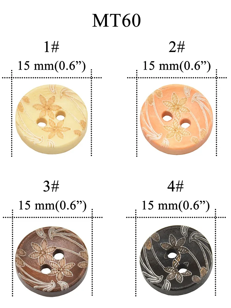 Round Wood Button for Children's Clothes, Laser Flower, Sewing Accessories, Decorative Buttons, 2 Holes, 15mm, 30PCs, 60PCs