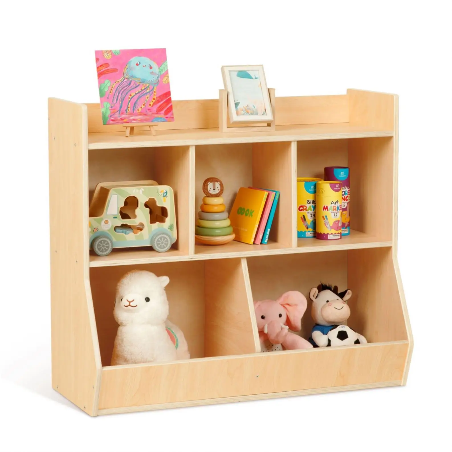 Wooden Baby Furniture Montessori Bookshelf Children Toy Display Storage Shelf With 5 Storage Bins