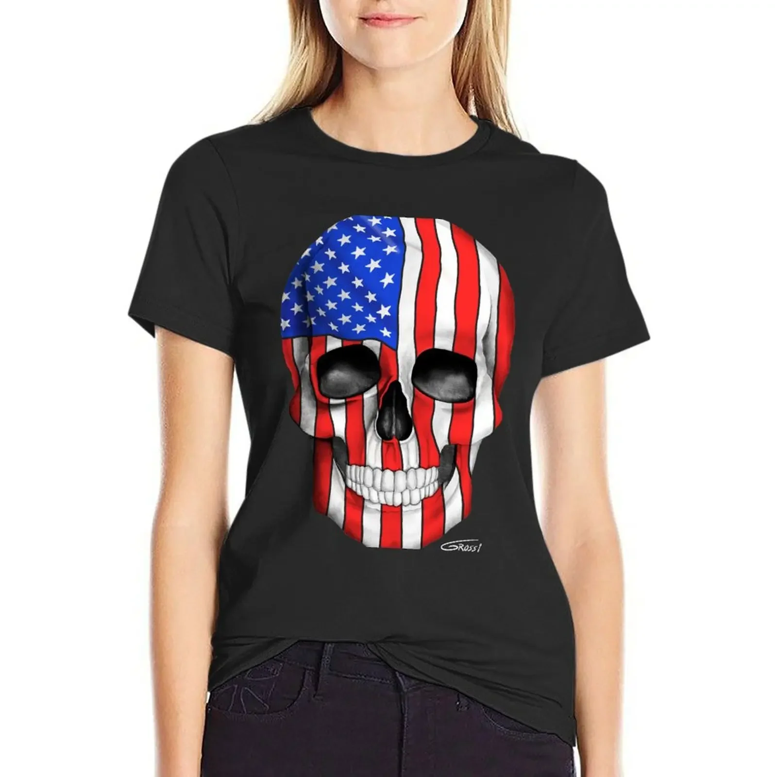 

American Flag Skull (On Dark Background) T-Shirt customs plus sizes sports fans Women's cotton t-shirt