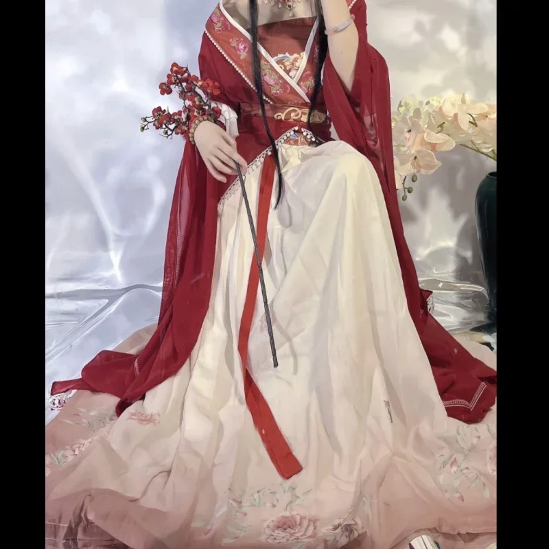 레트로 중국 스타일 레드 Vestido Hanfu 원피스 코스프레 여성 전통 프린트 롱 스커트 5 종 세트, 우아한 소녀 파티 스커트 세트