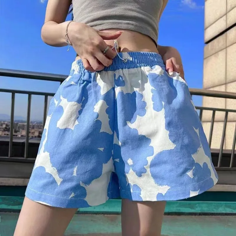 Sports Shorts Women's Summer Vigorous Thin Niche Design Printed Wide Leg Short Pants Loose Slimming Beach Casual Hot Trousers