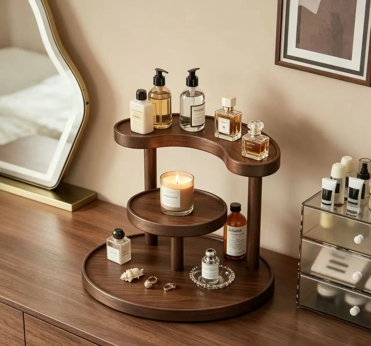 Made of solid wood, multi-layer irregular curved tray design.Sturdy structure, no shaking.Easy to move and place