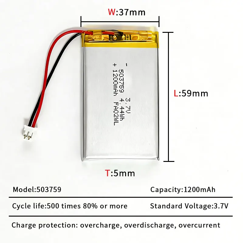 503759 Battery 1200mAh 3.7V 2lipo Polymer Lithium-ion Batteries Ph-2.0p Plug for Massager Bluetooth Audio Beauty Instrument