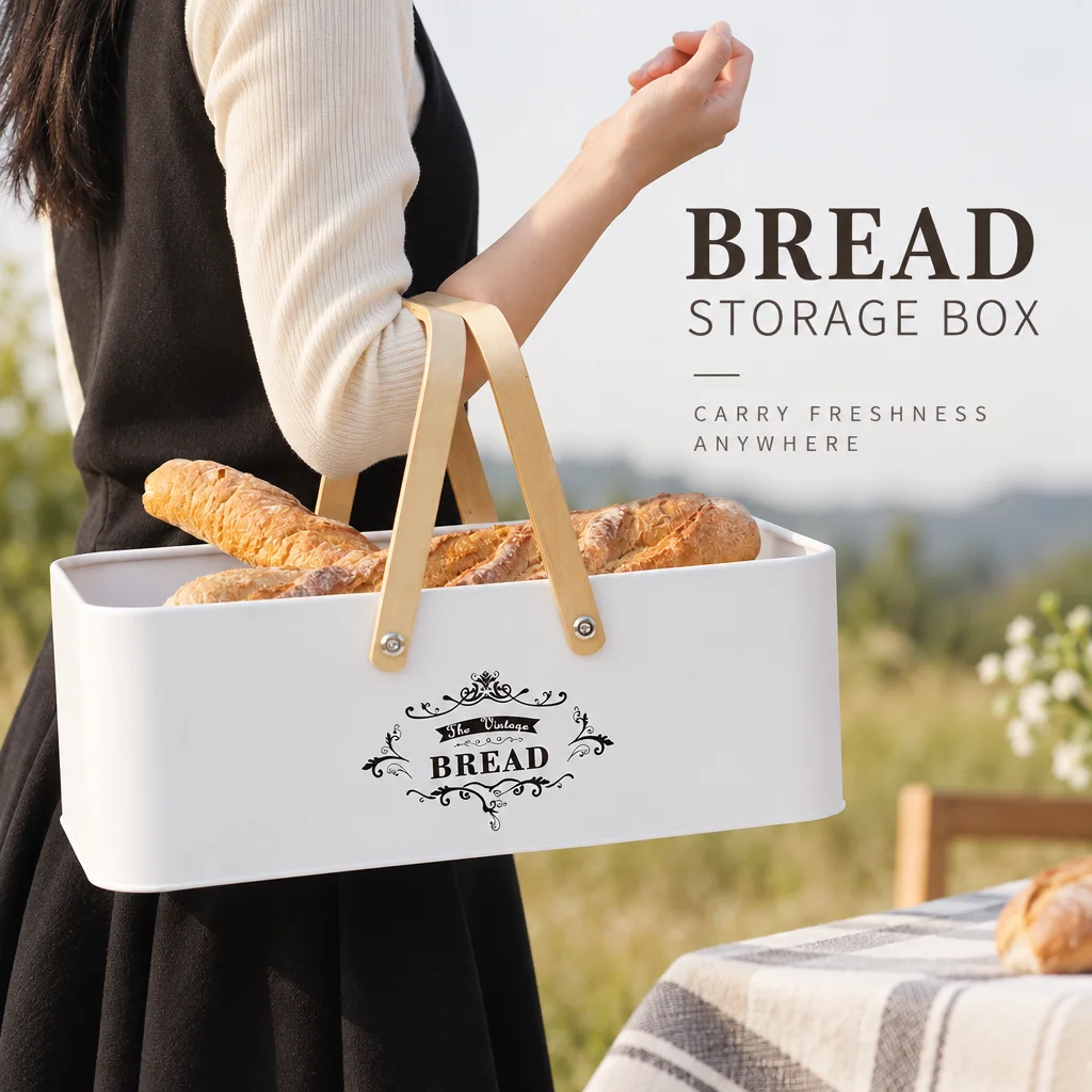 Metal Bread Box Bamboo Lid With Wooden Handle Kitchen Storage Box Food Container Countertop Bread Keeper Home Counter Organizer