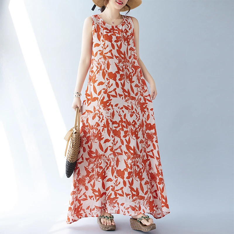 Robe longue bohème pour femmes, grande taille, col rond, imprimé fibre, robe éducative, nouvelle collection été, A438