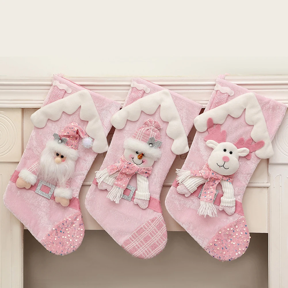 

Pink Sequins Plush Decoration Christmas Socks Santa Xmas Claus Tree Large Bags Santa Stocking Elk Snowman Candy Stocking