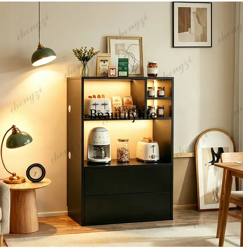 Solid wood microwave oven cabinet Oven solid wood meal edge black coffee integrated tea cabinet