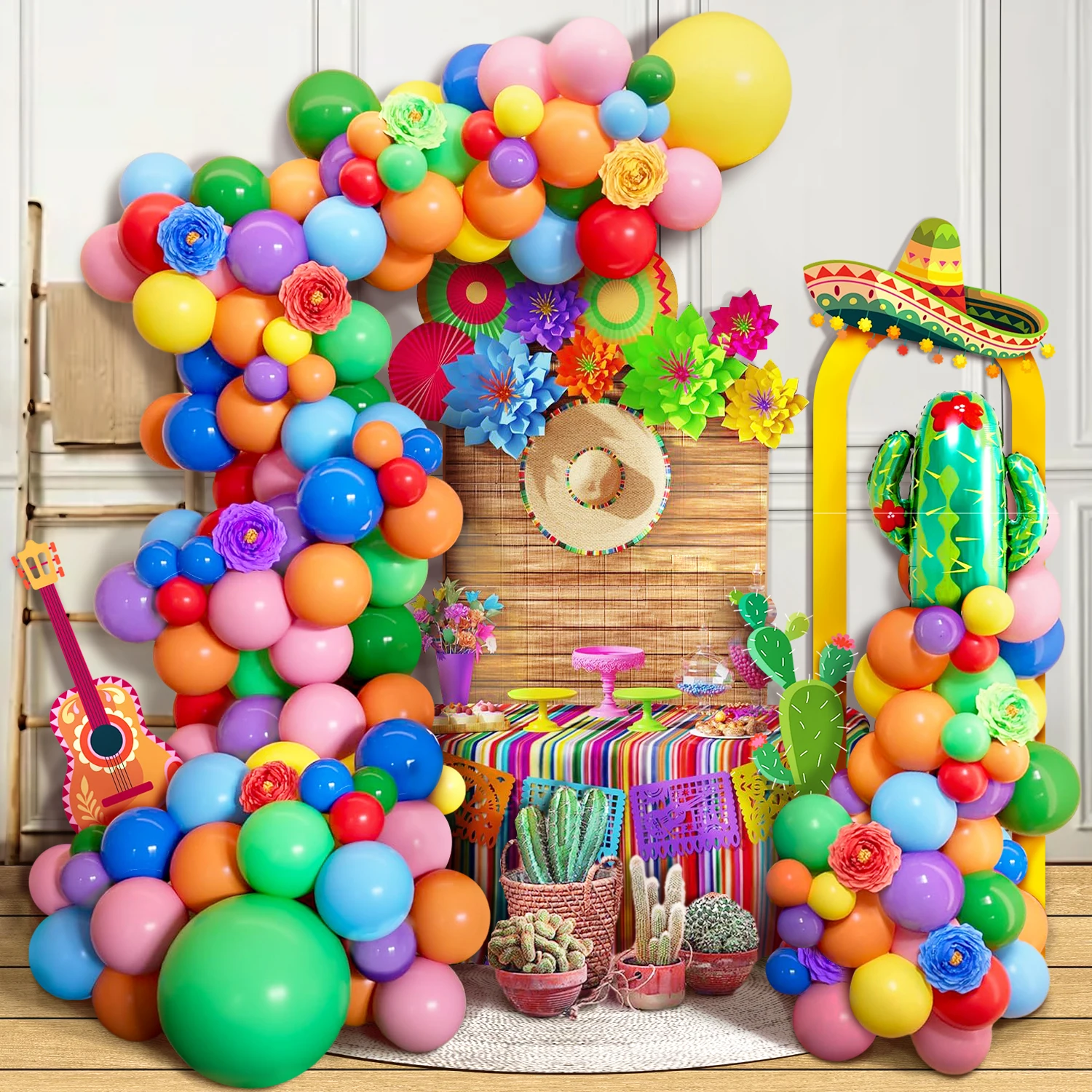 135-Piece Colorful Carnival Party Balloon Garland Set, Fiesta Mexican Rainbow-Colored Balloons with Cactus Foil Balloons, Suitable for Birthday Parties, Weddings, and Holiday Carnival Decorations